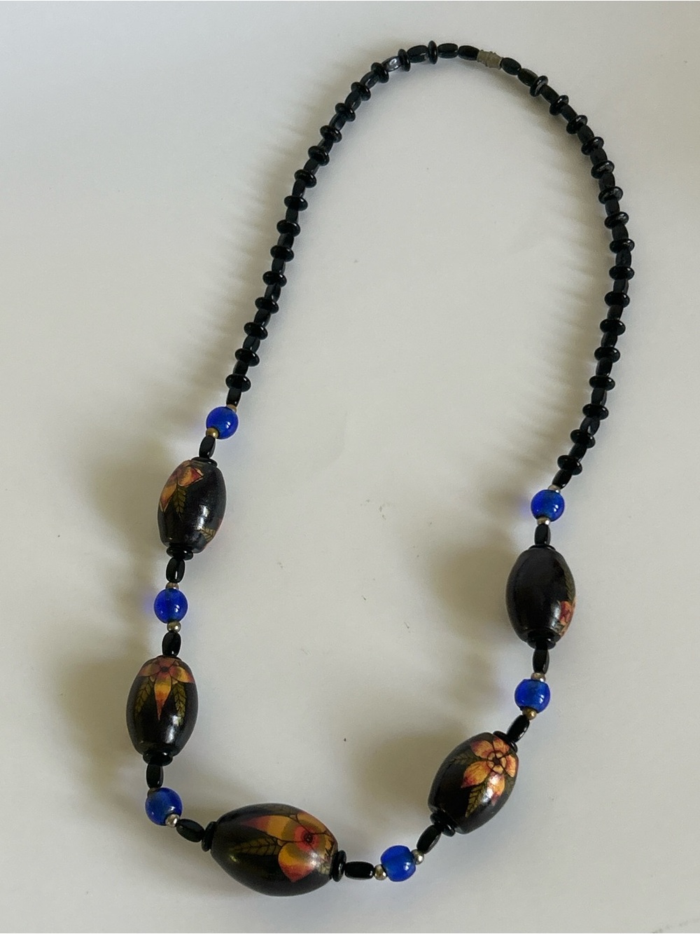 Hand Painted Wooden Bead Necklace Black Blue Glass Beads Floral Folk Boho